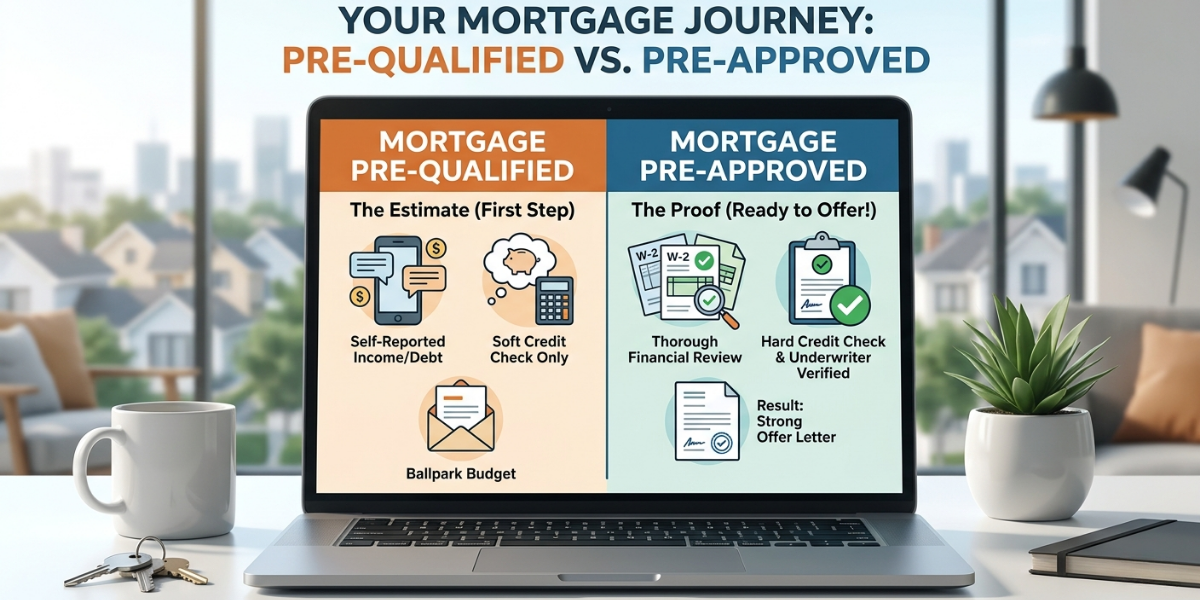 Your Mortgage Journey: Pre-Qualified vs. Pre-Approved infographic displayed on a laptop screen with house keys
