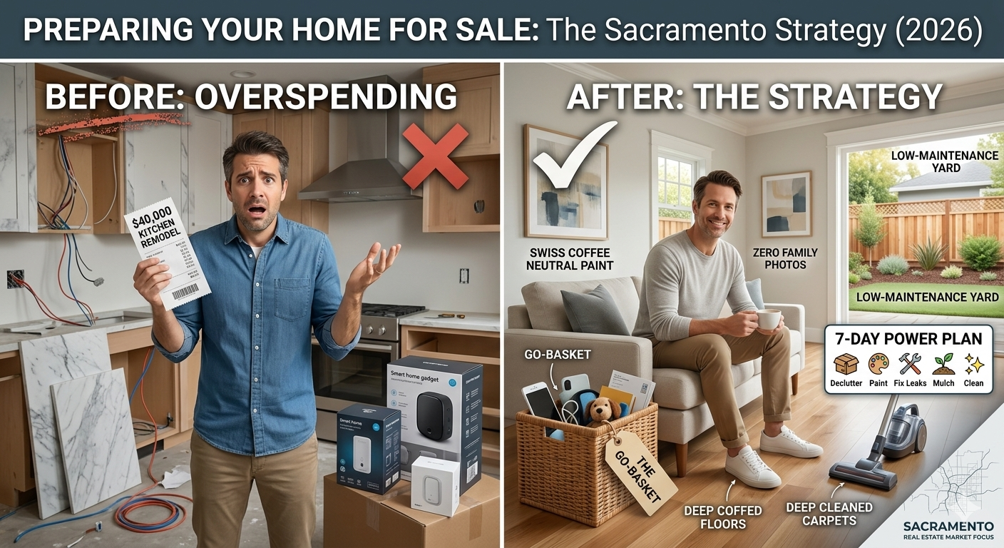 Before and after split-panel graphic demonstrating high-ROI home preparation strategies in the Sacramento real estate market.