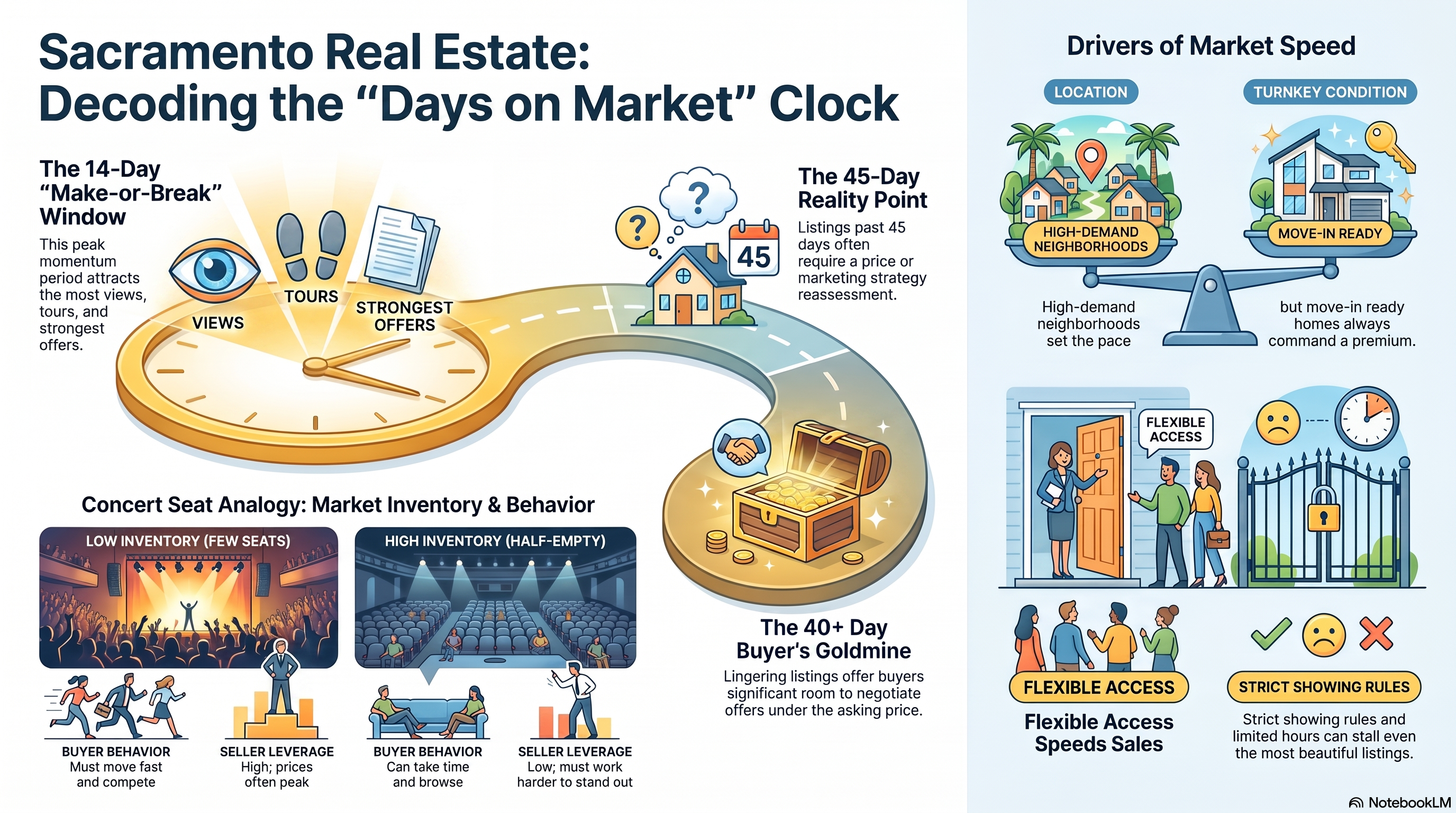 An educational Sacramento real estate infographic titled Sacramento Real Estate: Decoding the Days on Market Clock. The graphic illustrates local housing market trends, including the 14-day make-or-break window for views and tours, the 45-day reality point for price adjustments, and why homes sitting for 40+ days are a buyer's goldmine. It explains the drivers of market speed, such as high-demand neighborhoods and move-in ready condition, alongside the concert seat analogy for housing inventory and the critical impact of flexible showing access.