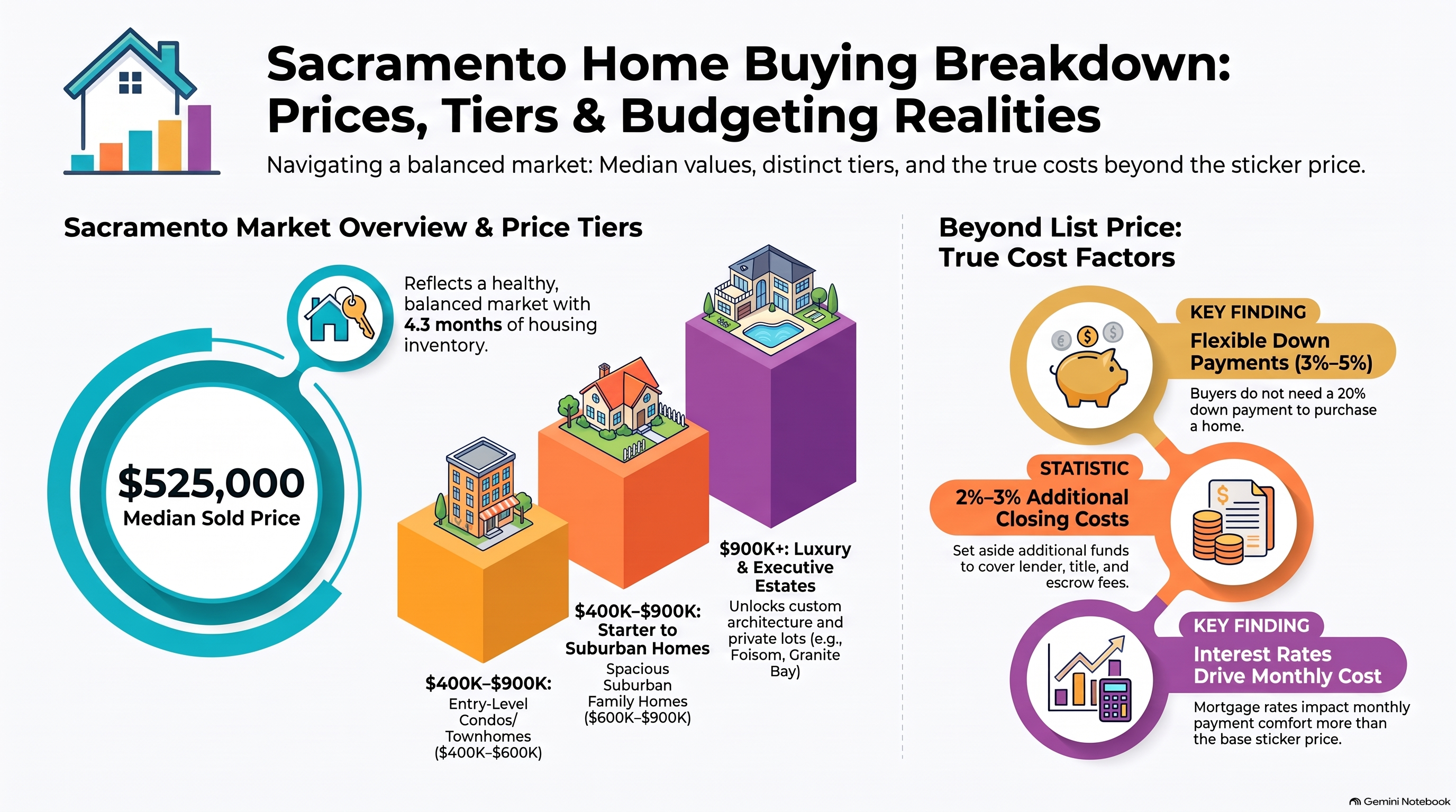 Infographic titled "Sacramento Home Buying Breakdown" showing a $525,000 median sold price, 4.3 months of inventory, local price tiers from $400K to $900K+, and budgeting factors like down payments and closing costs.