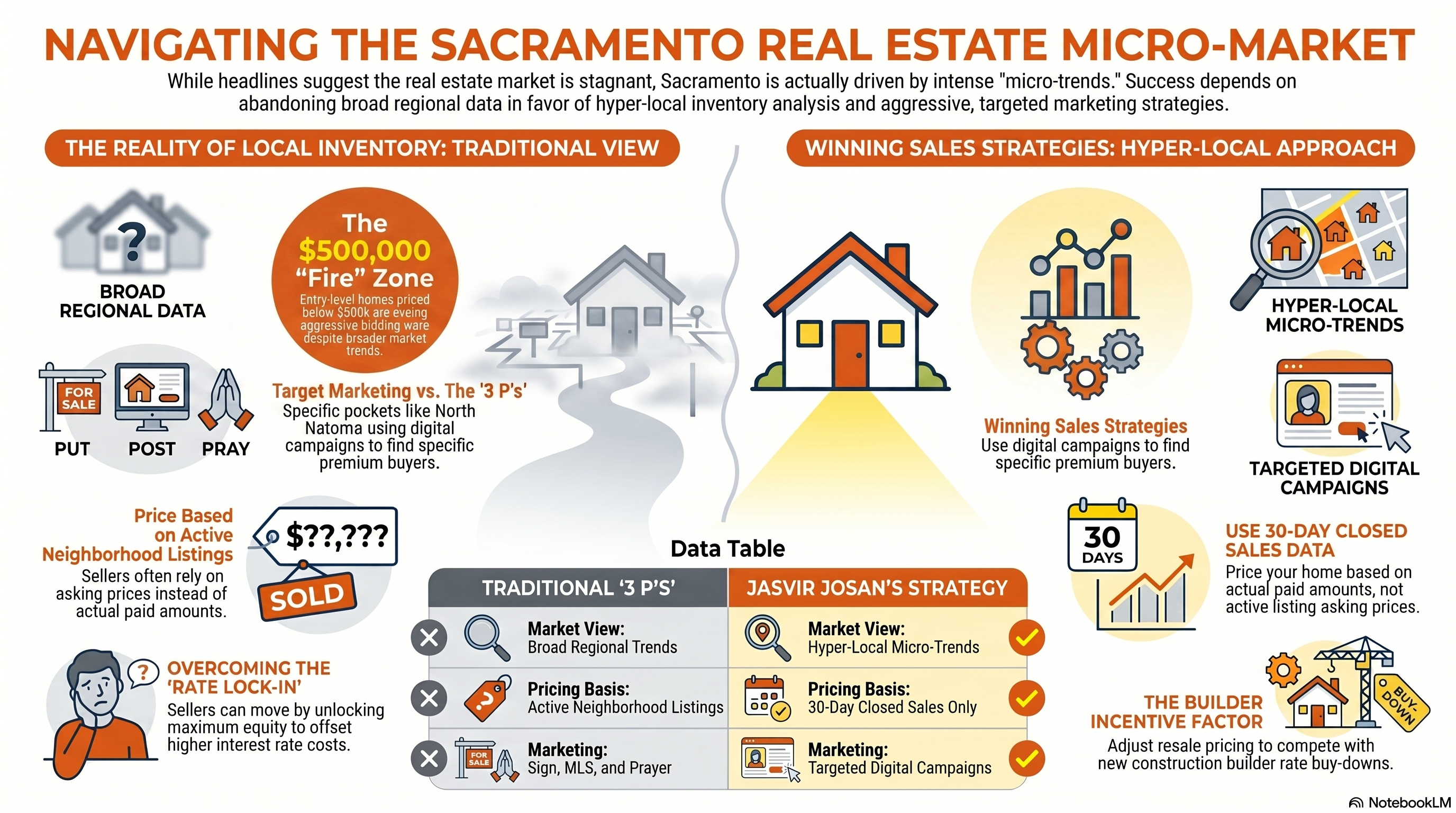 An educational real estate infographic titled "NAVIGATING THE SACRAMENTO REAL ESTATE MICRO-MARKET" comparing a traditional approach to real estate against Jasvir Josan&rsquo;s data-driven approach.  The left side highlights "THE REALITY OF LOCAL INVENTORY: TRADITIONAL VIEW," outlining pain points like relying on broad regional data, over-pricing based on active neighborhood listings, overcoming mortgage "rate lock-in," and the outdated "3 P's" method (Put, Post, Pray). It mentions a $500,000 "Fire" Zone experiencing aggressive bidding wars.  The right side focuses on "WINNING SALES STRATEGIES: HYPER-LOCAL APPROACH," featuring icons for tracking hyper-local micro-trends, running targeted digital campaigns to find premium buyers, utilizing 30-day closed sales data instead of active list prices, and adjusting resale pricing to compete with new construction builder rate buy-downs.  A central "Data Table" provides a side-by-side comparison matrix contrast, using checkmarks and X symbols to explicitly separate the Traditional "3 P's" strategy from Jasvir Josan's Strategy in categories like Market View, Pricing Basis, and Marketing.