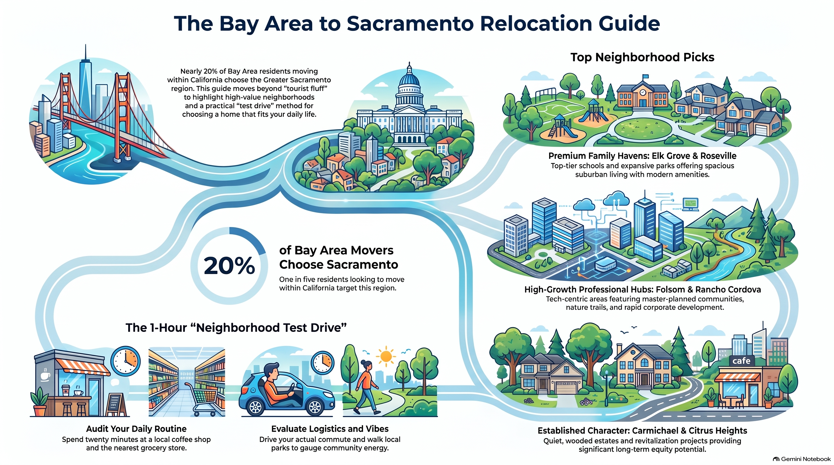 Infographic titled "The Bay Area to Sacramento Relocation Guide" highlighting top neighborhoods like Elk Grove, Roseville, Folsom, Rancho Cordova, Carmichael, and Citrus Heights, along with a 1-hour neighborhood test drive strategy.