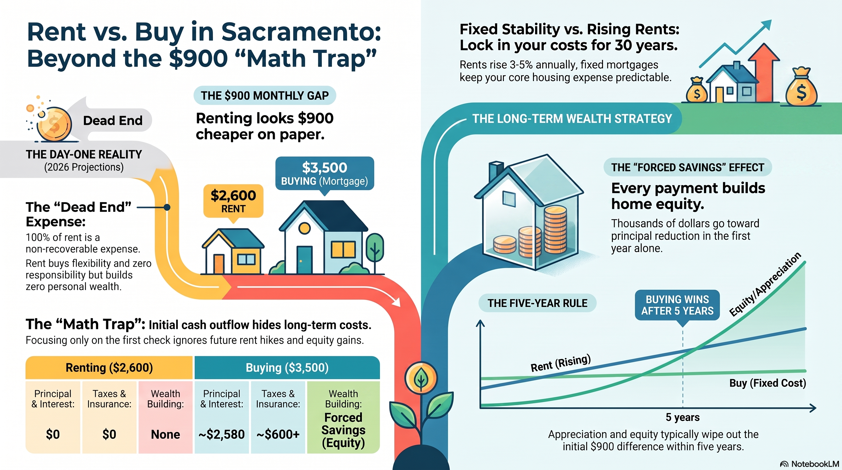 An educational real estate infographic titled Rent vs. Buy in Sacramento: Beyond the $900 Math Trap. The visual compares monthly payment obligations between an average rent of $2,600 and a $3,500 Sacramento mortgage payment. It breaks down how renting acts as a non-recoverable expense while buying builds long-term wealth through principal reduction, fixed 30-year housing costs, and property appreciation that surpasses the initial monthly payment gap within five years.
