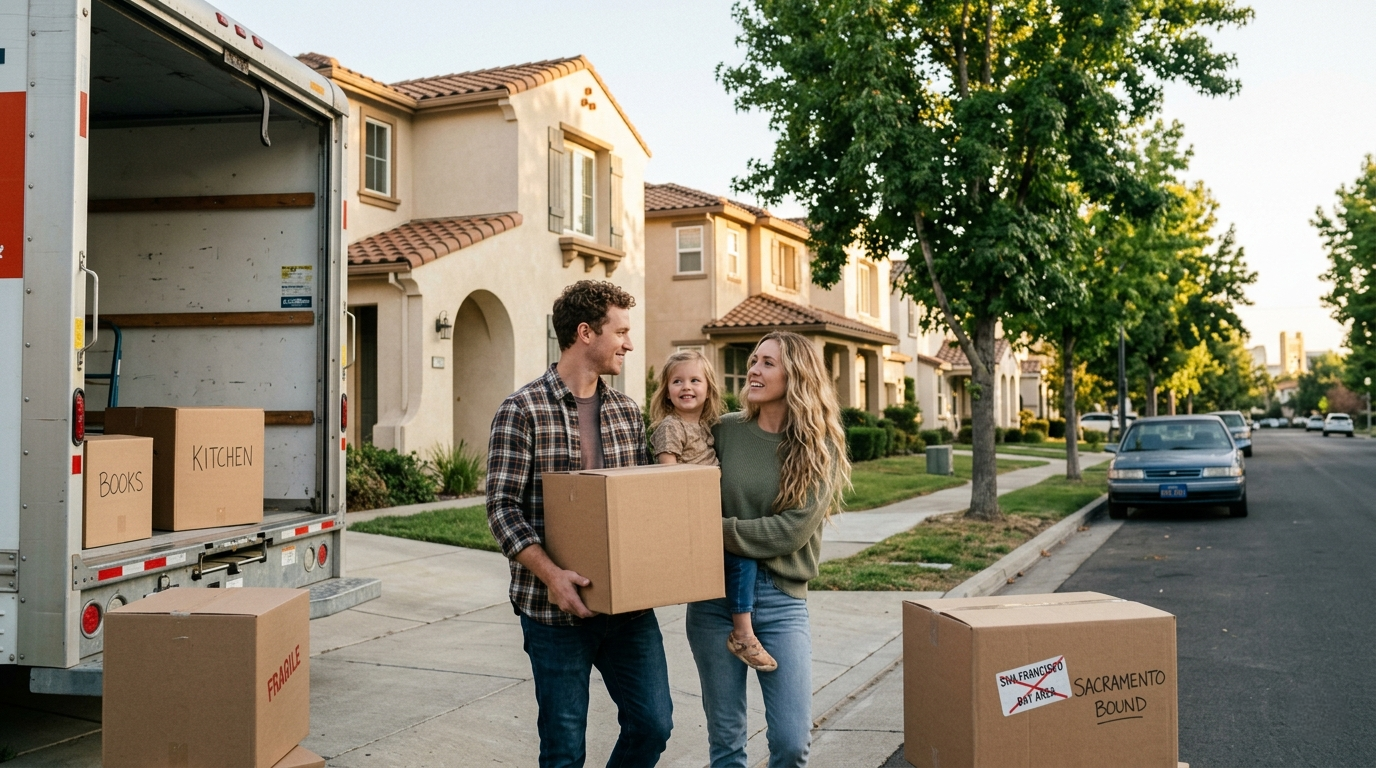 A wide, sunny photograph of a smiling young family (mother, father, daughter) carrying a cardboard box and walking down a modern suburban street lined with multi-story stucco houses. On the left, an open U-Haul moving truck is visible with other boxes. A large box in the right foreground features a handwritten label that has some text crossed out (implied Bay Area) and clearly shows 'SACRAMENTO BOUND' with a graphic red arrow. The family is moving into a new home.