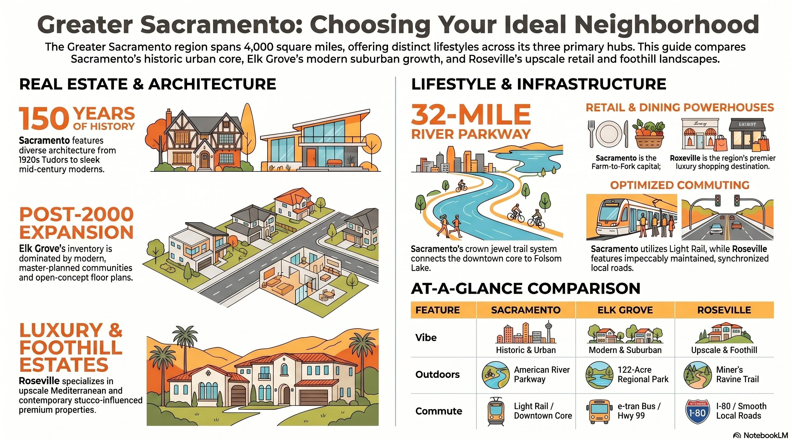 Greater Sacramento neighborhood guide infographic comparing property styles, commute times, and amenities in Sacramento, Elk Grove, and Roseville.