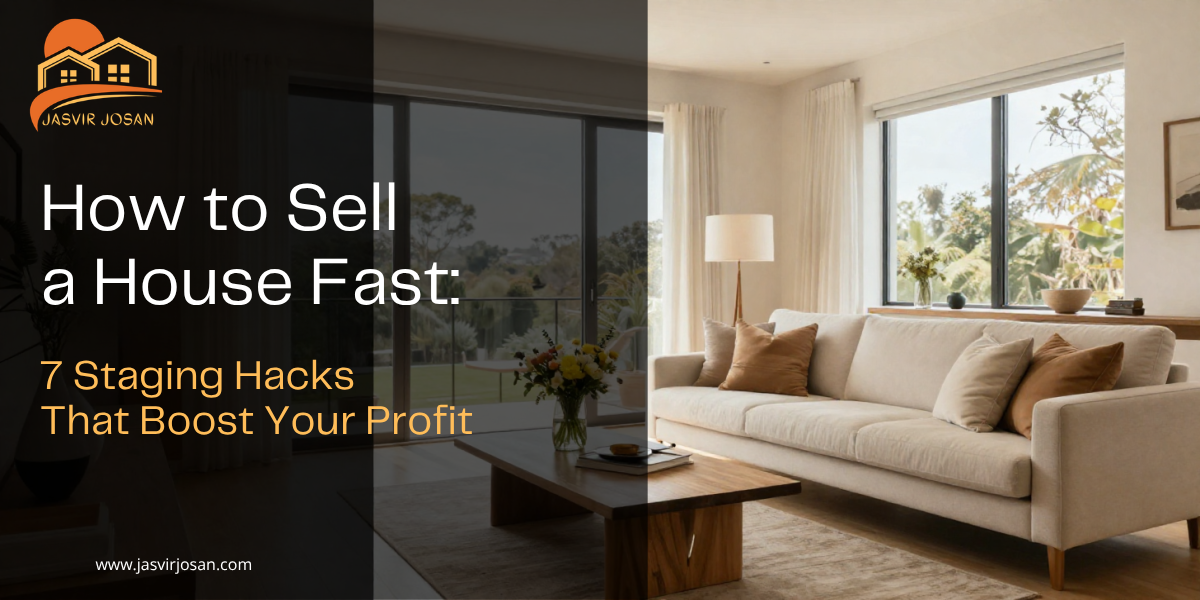 A professional real estate promotional banner titled "How to Sell a House Fast: 7 Staging Hacks That Boost Your Profit." The left half of the image features a dark, semi-transparent overlay containing the main title text in white and gold, the "Jasvir Josan" real estate logo at the top, and the website URL "www.jasvirjosan.com" at the bottom.  The right half showcases a bright, beautifully staged modern living room flooded with natural light from large windows looking out onto lush green trees. The space is styled with a sleek, cream-colored contemporary sofa adorned with earth-toned throw pillows, a low-profile wooden coffee table with a fresh floral centerpiece, a neutral area rug, and a minimalist floor lamp, perfectly illustrating an inviting, high-end home layout.