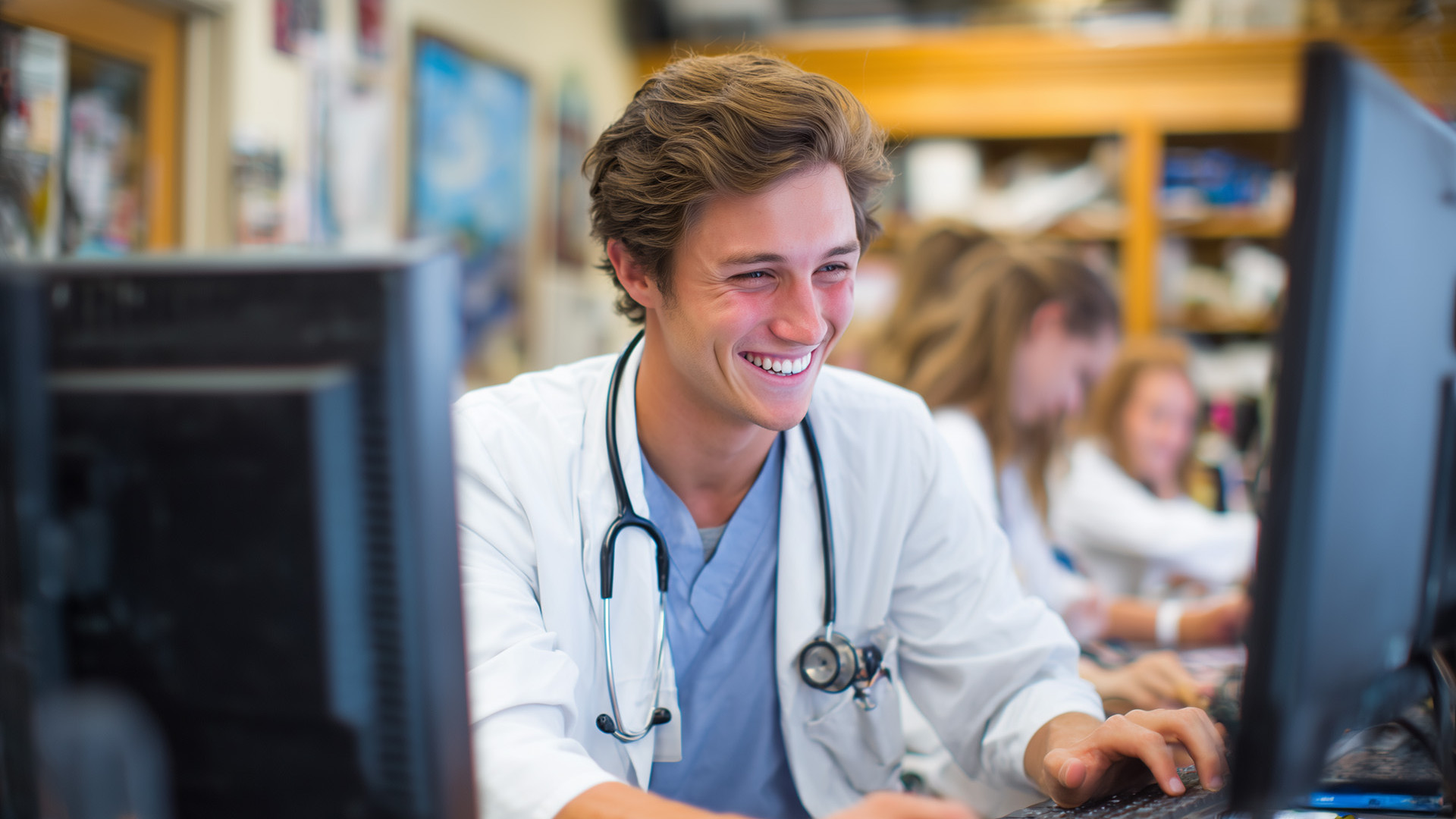 Resident physician doctor at computer at hospital