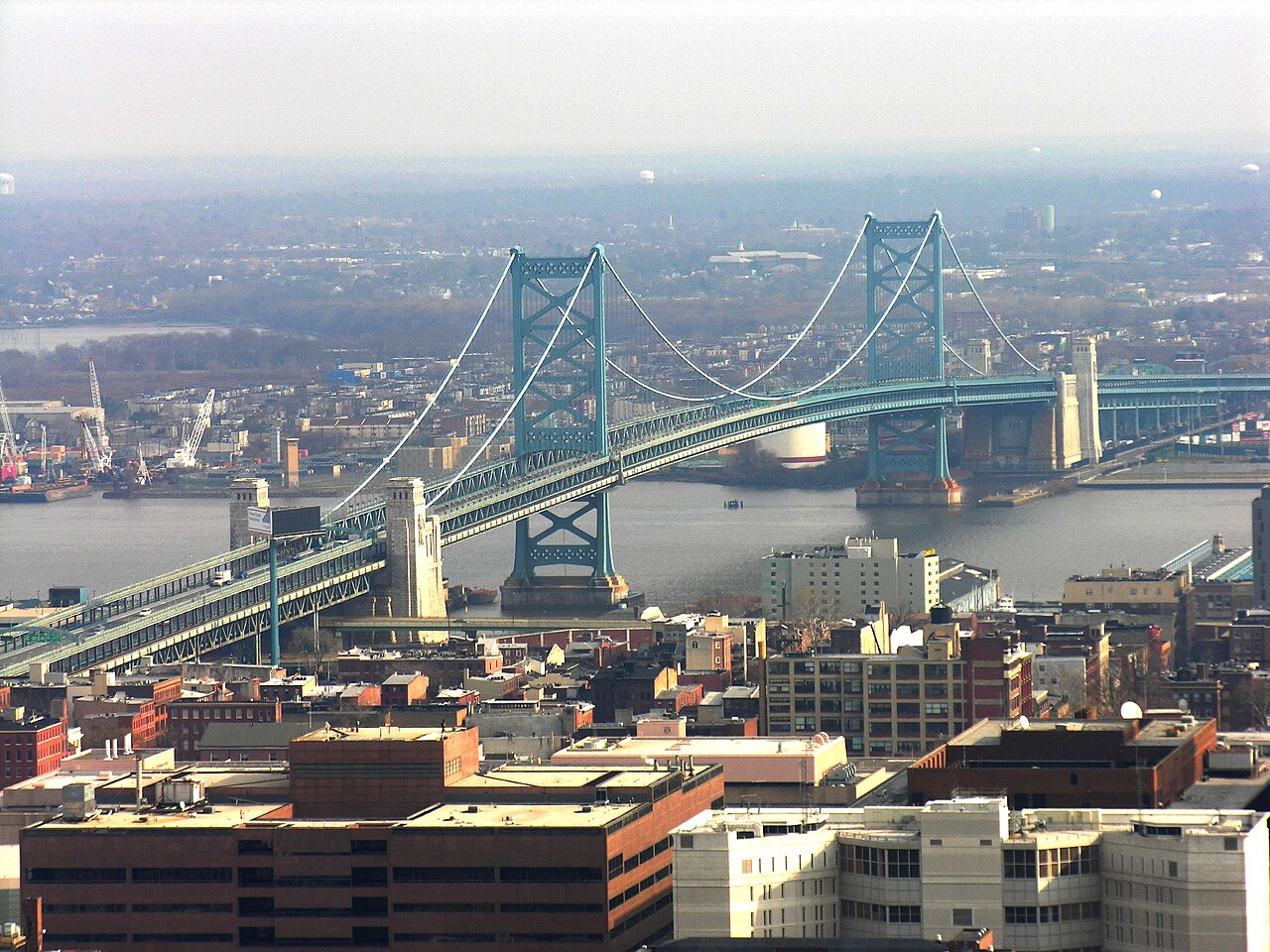 The Benjamin Franklin Bridge crossing the Delaware River between Philadelphia, Pennsylvania and Camden, New Jersey