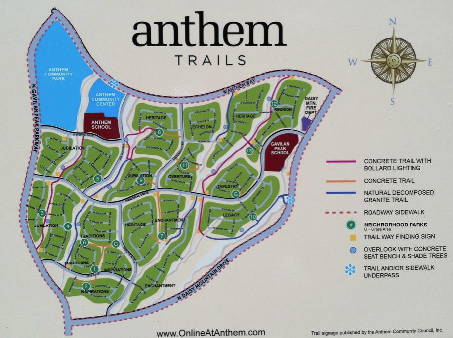 Map of Anthem's walking and biking trail system connecting neighborhoods, parks, schools, and community amenities.