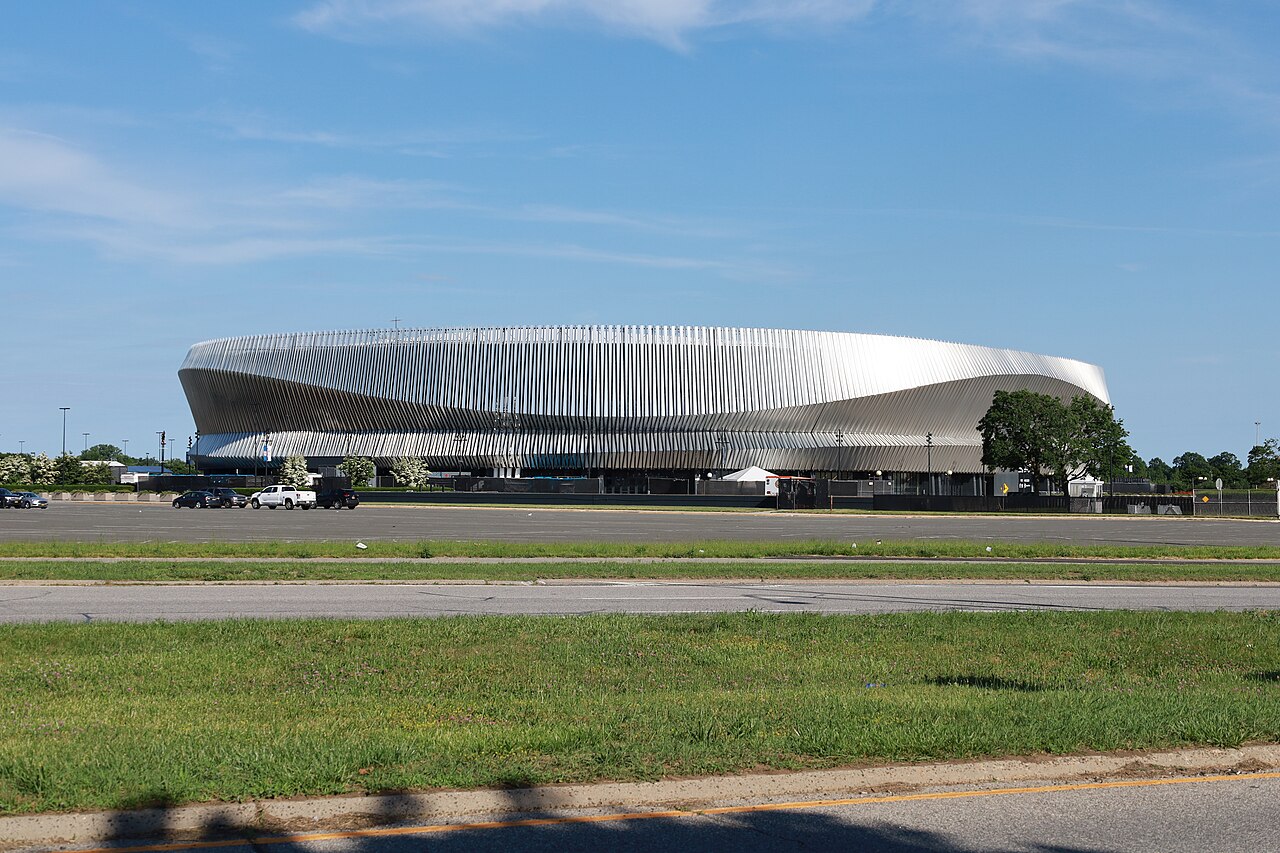 Exterior of Nassau Veterans Memorial Coliseum in Uniondale, photographed in 2021