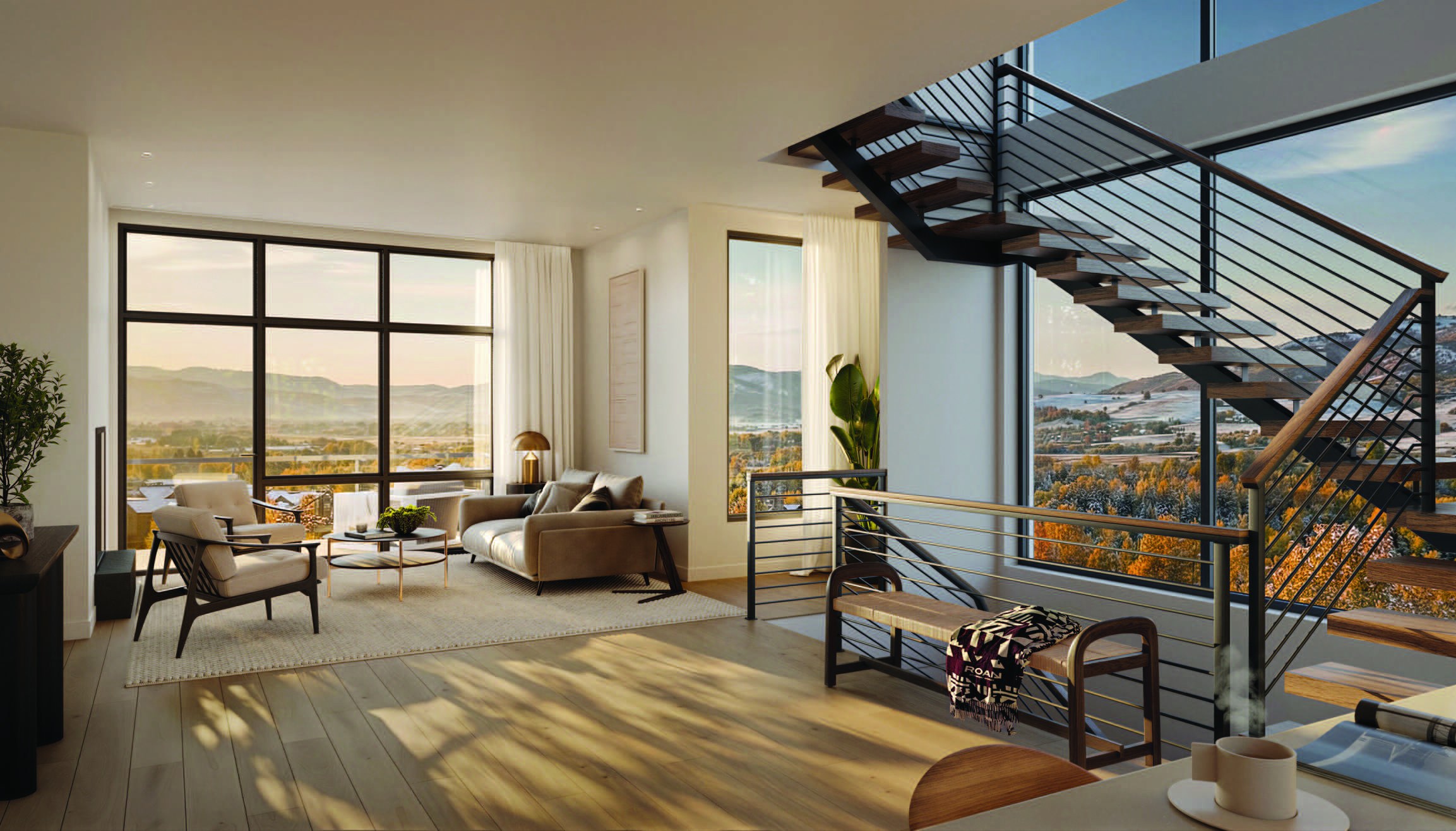 ROAN open living area with mountain views and modern staircase