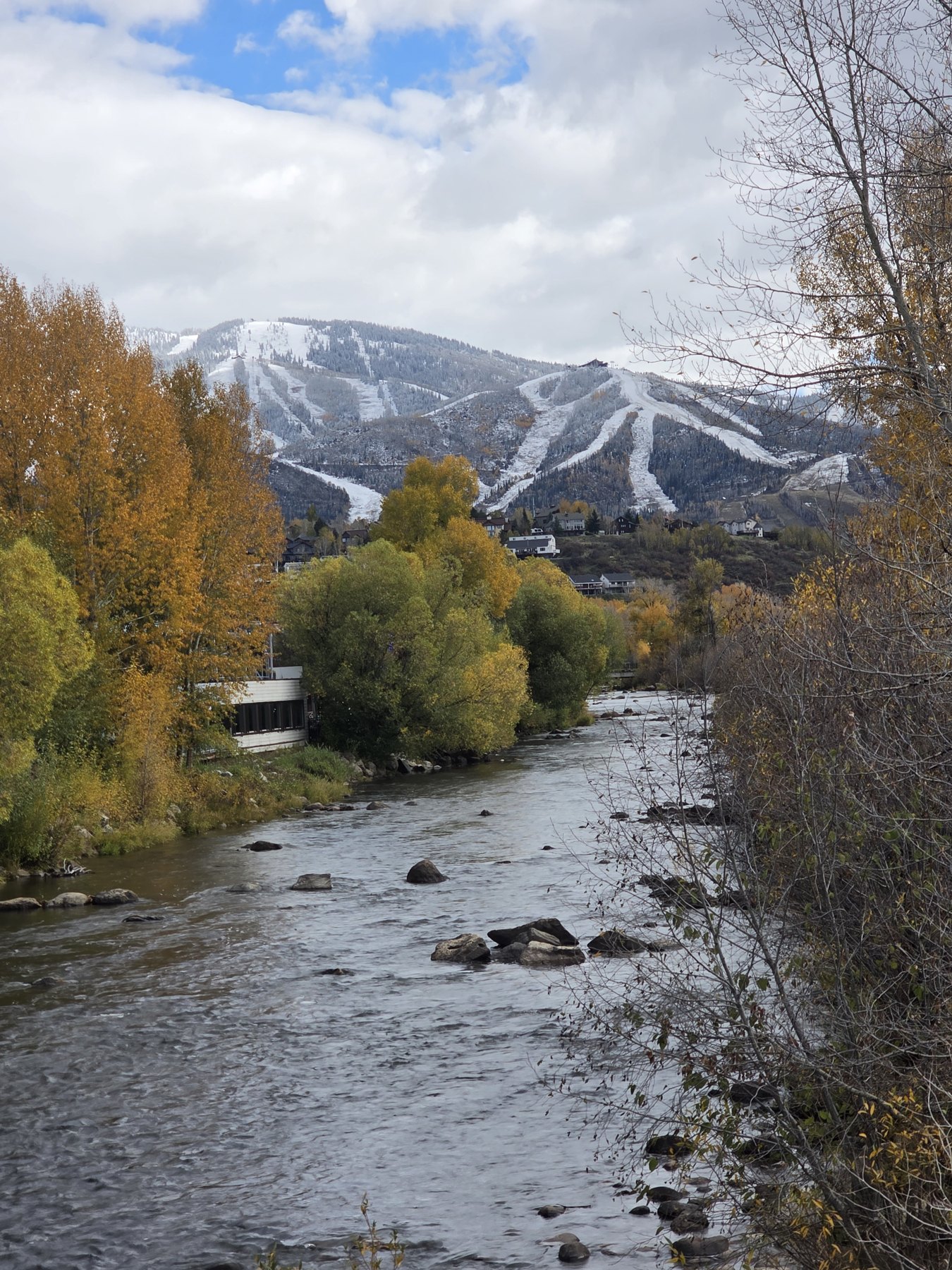 Fresh October snow on the Steamboat ski mountain above the Yampa River and golden fall trees
