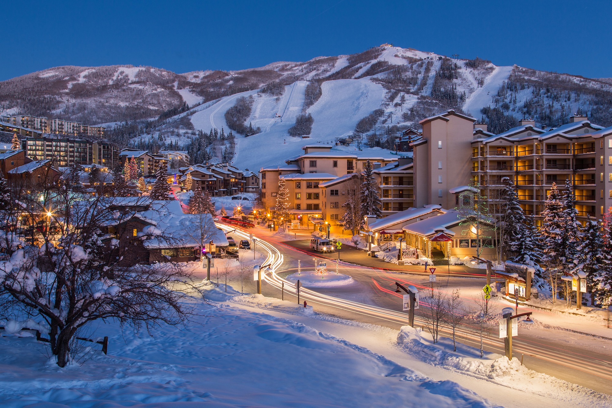 Steamboat ski mountain and base area at dusk