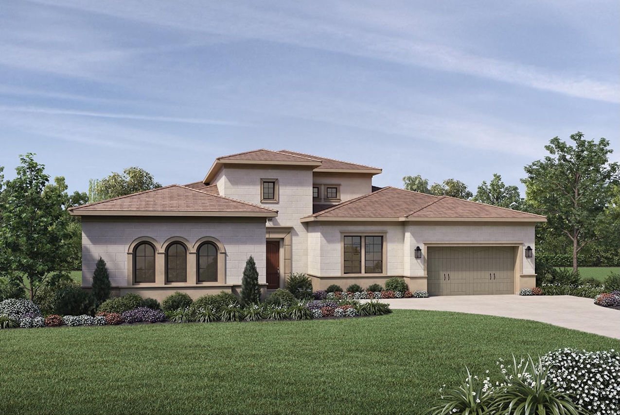 Del Mar Mesa Estates by Toll Brothers luxury estate home exterior in Carmel Valley San Diego with canyon views