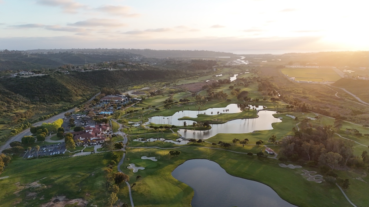 Aerial view of luxury estate homes and mature landscaping in Rancho Santa Fe, San Diego County