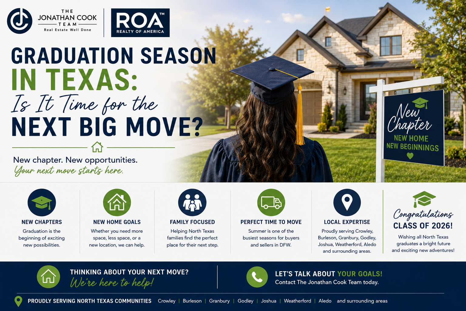 Texas graduation season real estate graphic featuring new beginnings, North Texas homes, and DFW family moving opportunities.