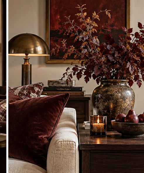 Burgundy and oxblood fall accents with walnut wood, aged brass and cream upholstery
