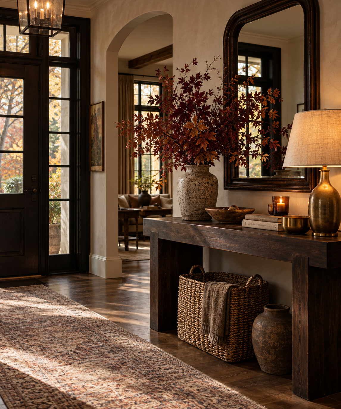Fall entryway styled with dark walnut wood, antique brass, stoneware and autumn branches