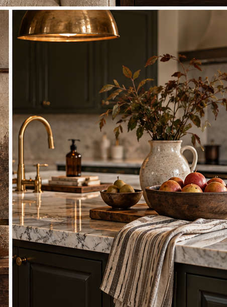 Fall kitchen vignette mixing walnut, stoneware, smoked glass, linen and aged brass
