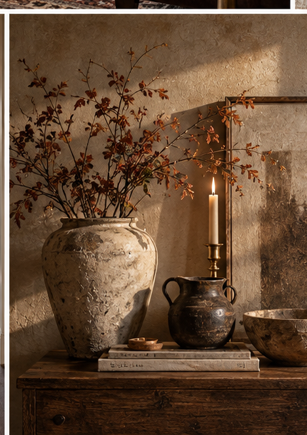 Wabi-sabi inspired fall styling with aged brass, handmade pottery, weathered wood and natural branches