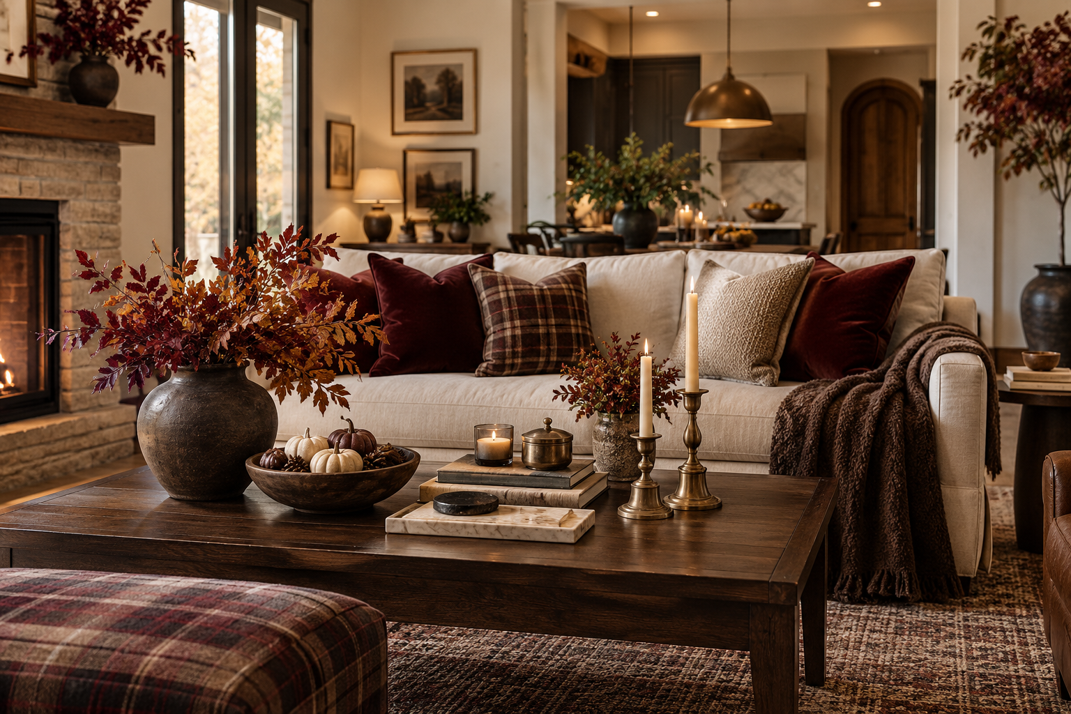 Fall 2026 living room with dark wood, burgundy, chocolate brown and layered natural textures