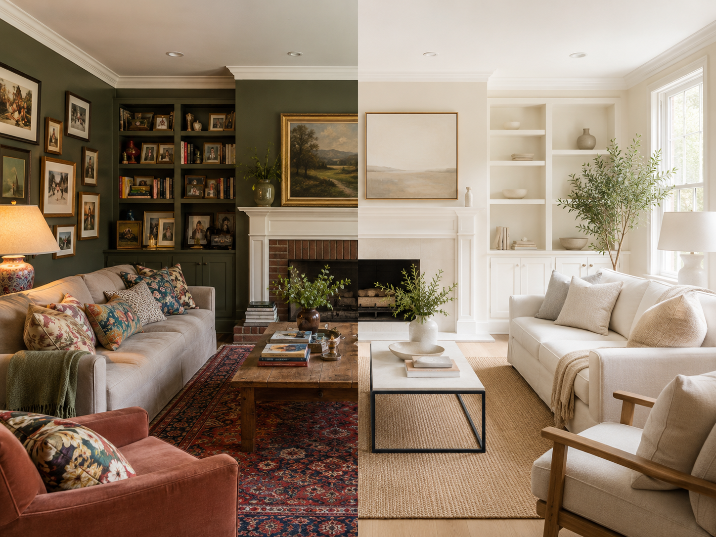 Split image of a living room showing a personal, heavily decorated style on the left and a neutral, staged version on the right