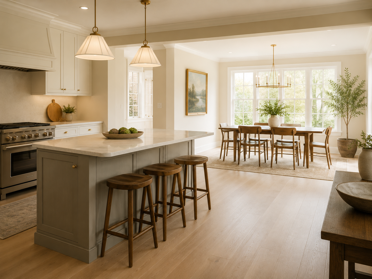 An open kitchen with a neutral island flowing into a bright dining area with a wooden table
