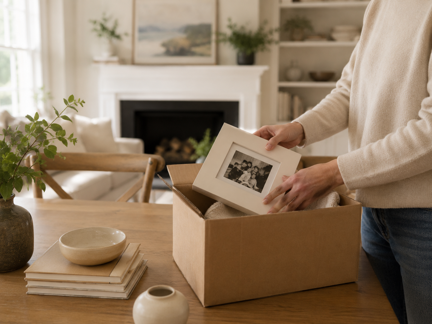 A person packing a framed family photo into a moving box in a softly lit living room