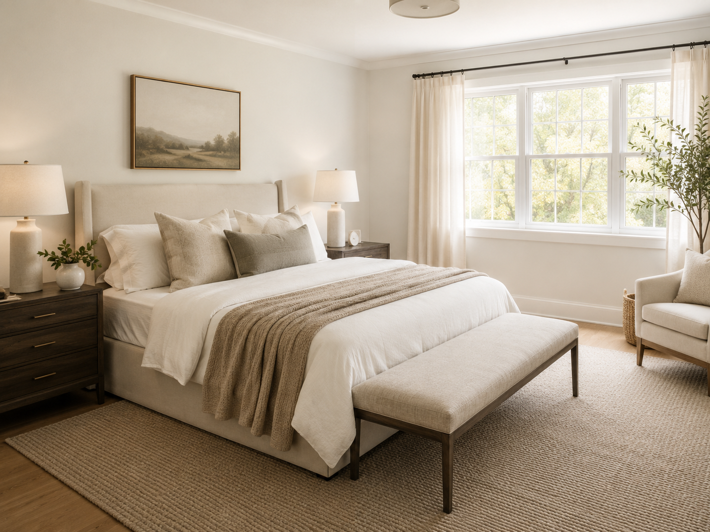 A neutral, softly styled primary bedroom with simple bedding and warm natural light