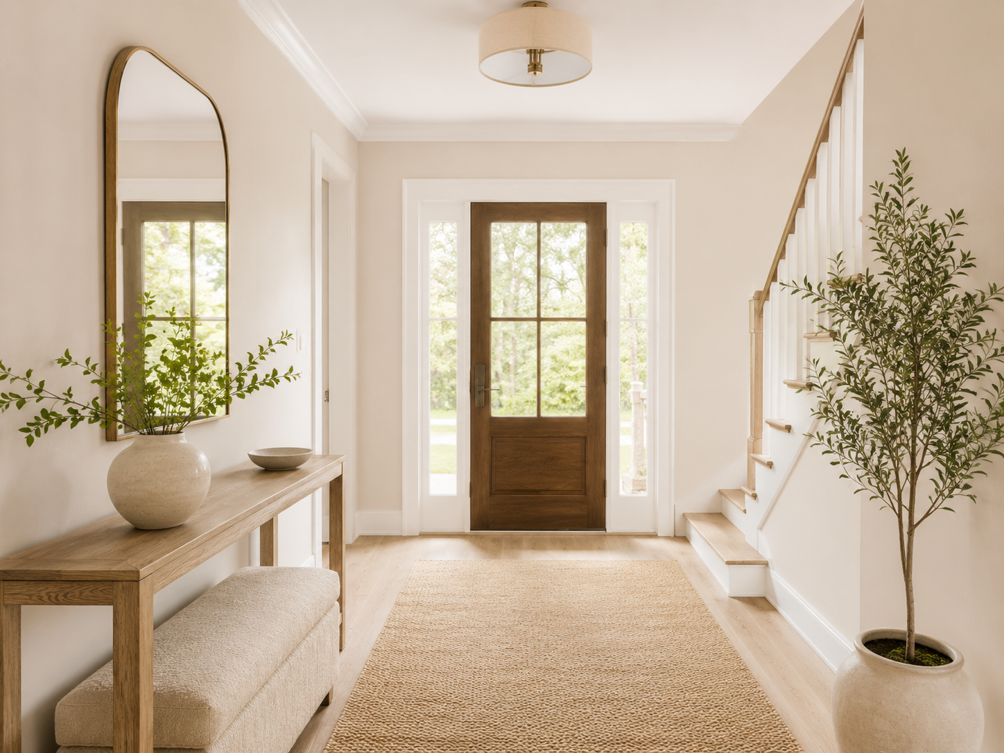 A clean, neutral entryway with a console table, mirror, bench, and jute rug leading toward the front door