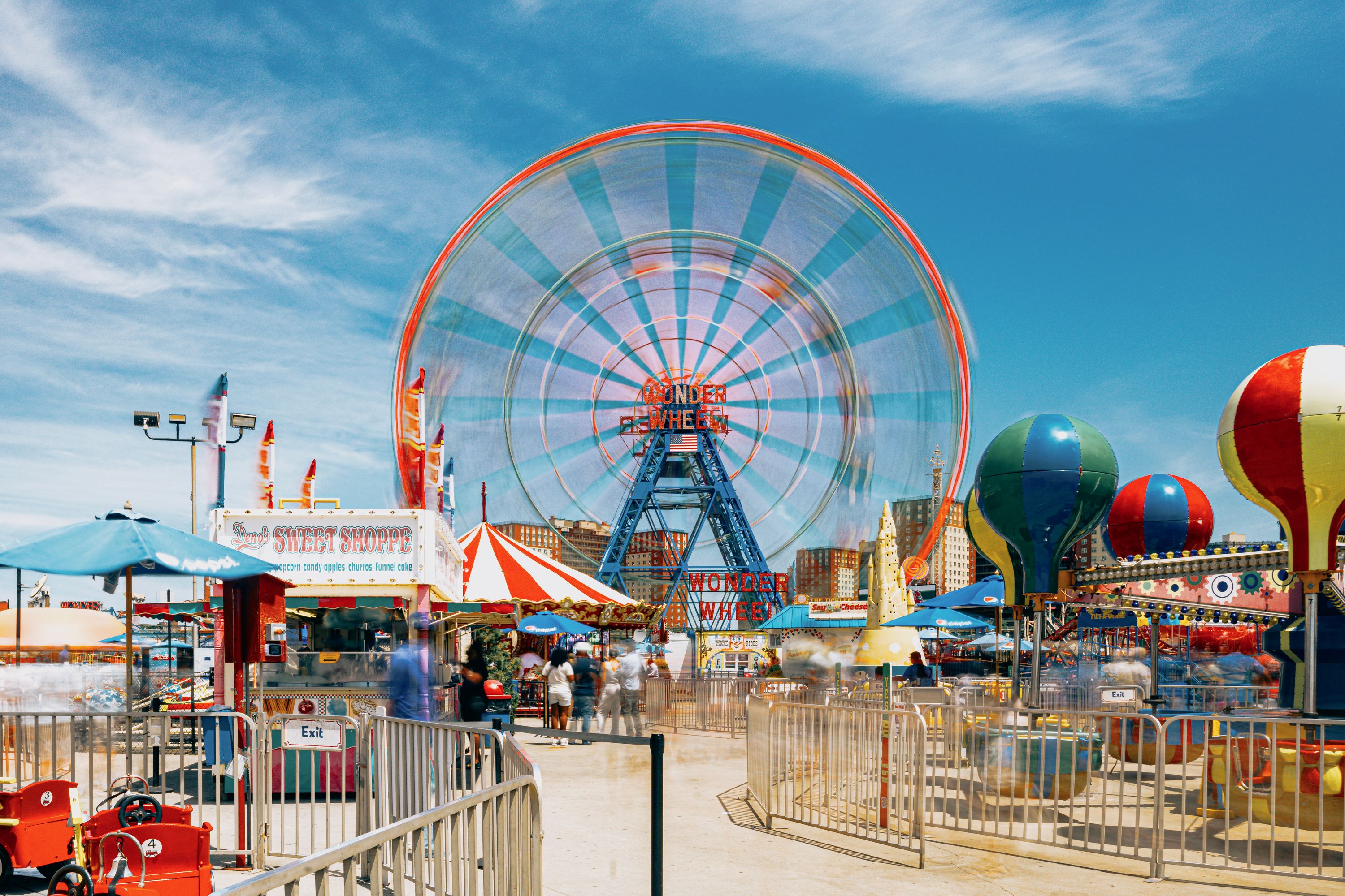 a sunny day inside an amusement park