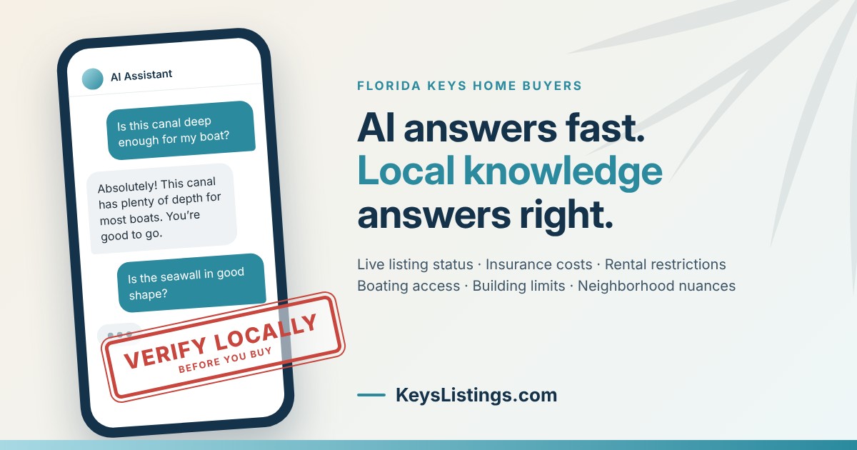 AI chat on a phone giving a confident answer about canal depth, stamped Verify Locally, with the message AI answers fast, local knowledge answers right