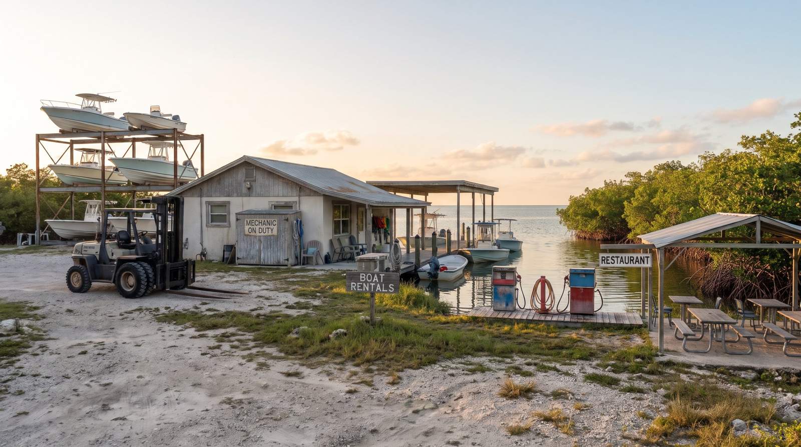 Mixed-use waterfront marina in the Florida Keys with dry-stack boat storage, fuel dock, boat rentals and an open-air restaurant