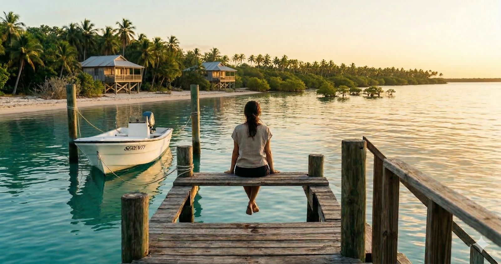 Person sitting on a dock at sunset, Florida Keys