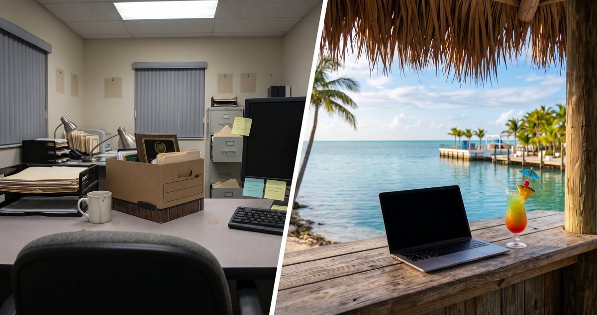 Switching real estate brokerages in the Florida Keys: a cluttered office being packed up beside an open-air tiki hut office with a laptop and canal view