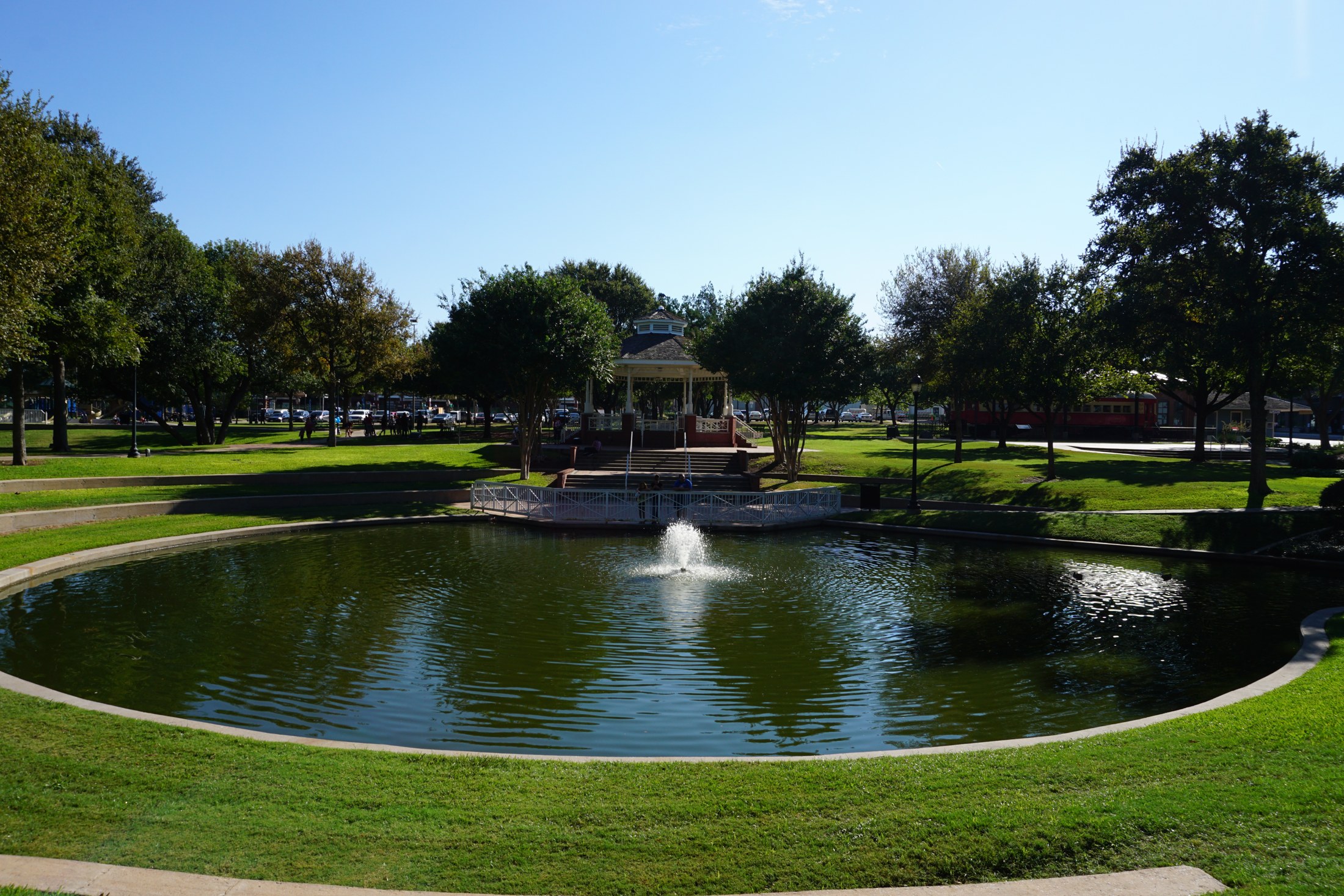 Pond, fountain and gazebo at Haggard Park in downtown Plano. Photographed October 10, 2015.