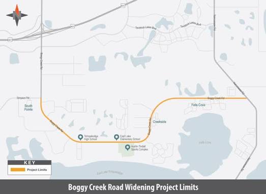 Four-lane stretch of Boggy Creek Road on the west side of Lake Nona in southeast Orlando