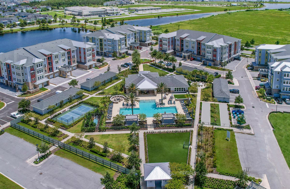 Single-level condo building with elevator access in a 55-plus Lake Nona community