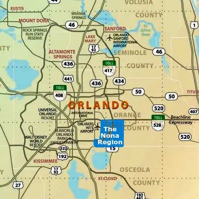 Regional map showing Lake Nona in southeast Orlando framed by the 417 GreeneWay, the 528 Beachline and Orlando International Airport
