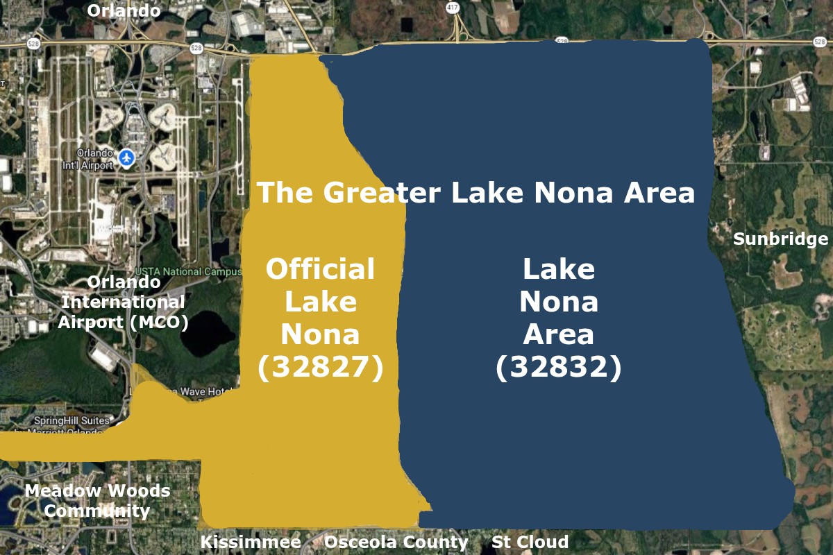 Annotated map showing Narcoossee Road dividing the Tavistock master-planned Lake Nona from the surrounding Lake Nona area neighborhoods