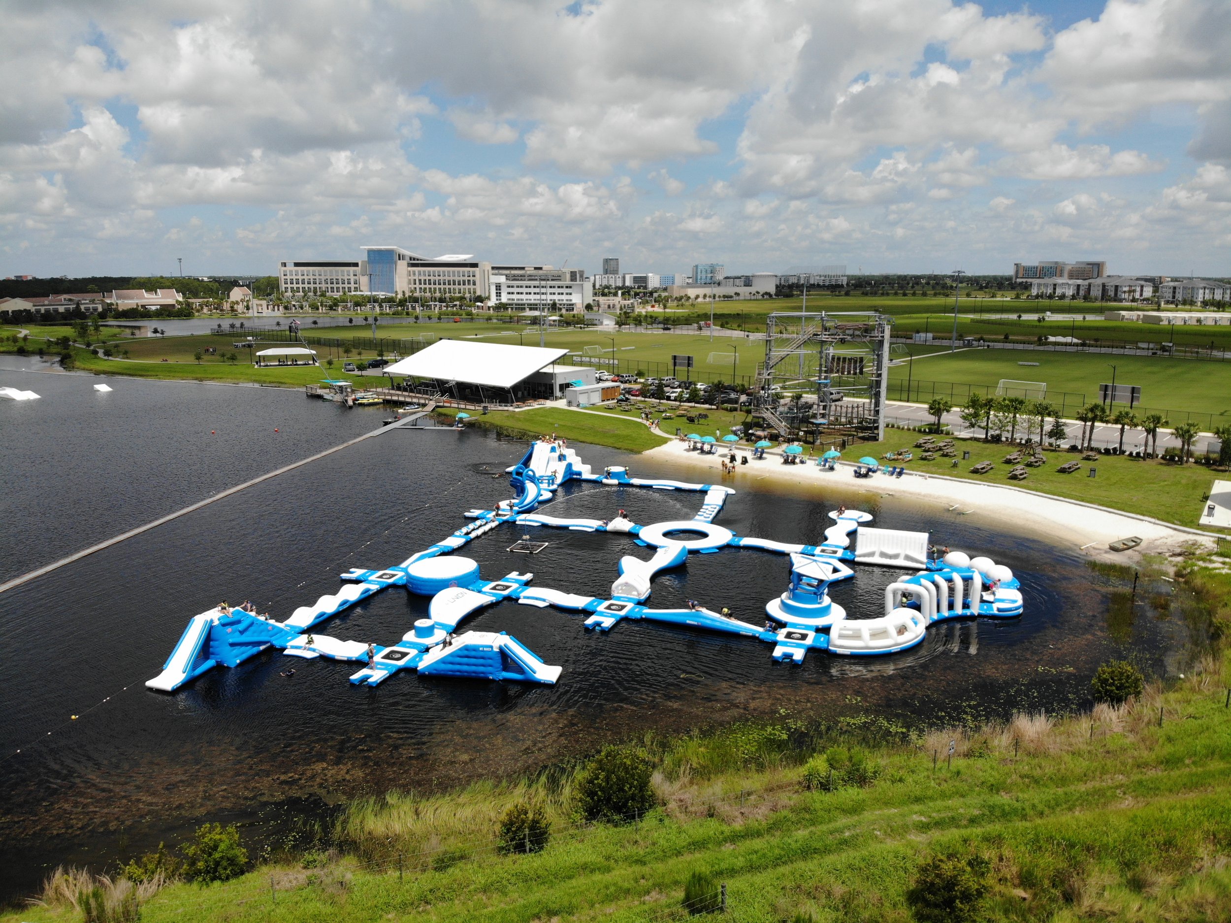 Inflatable obstacles on the lake at Nona Adventure Park in Lake Nona