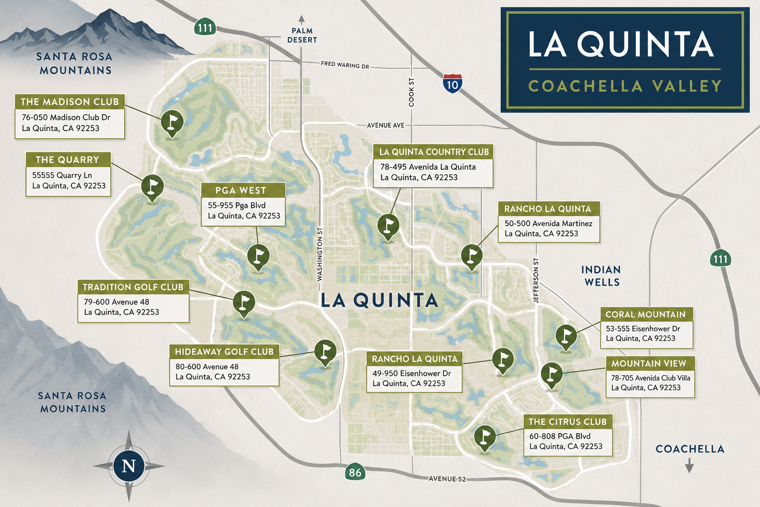Map of La Quinta golf club communities in the Coachella Valley