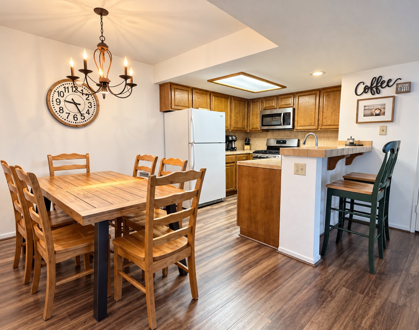 Dining and kitchen area at furnished Colorado River condo Unit C11