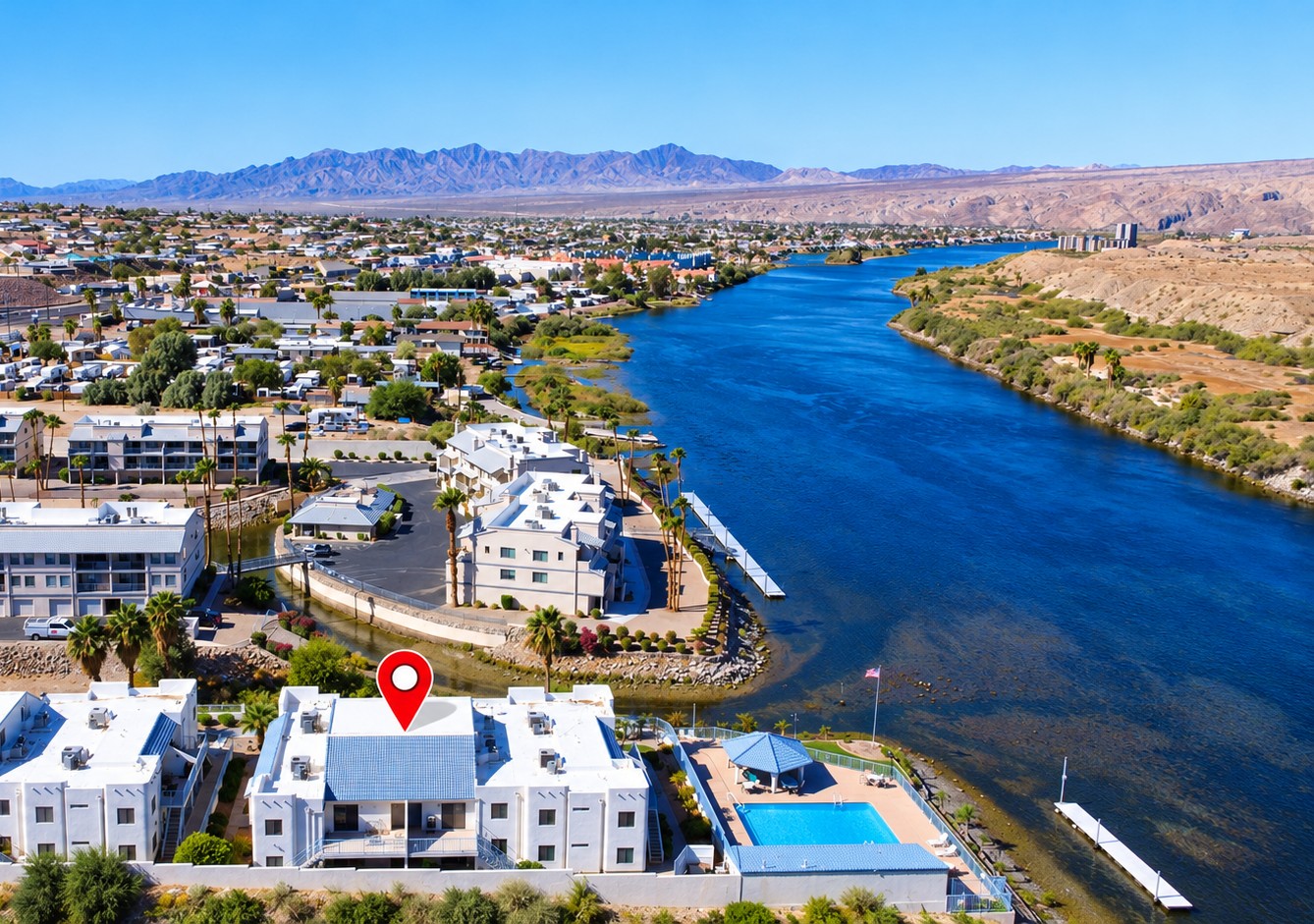 Aerial view of Colorado Riverfront community showing location of Unit C11 near Laughlin Nevada