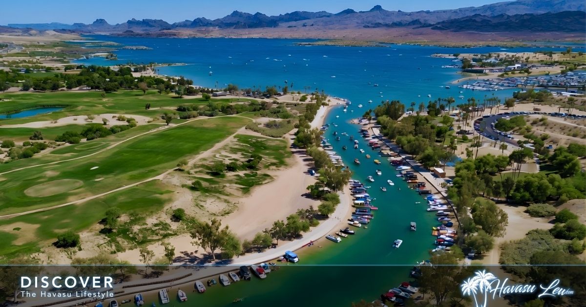 Boating in Lake Havasu City aerial view of boats leaving the channel into Thompson Bay