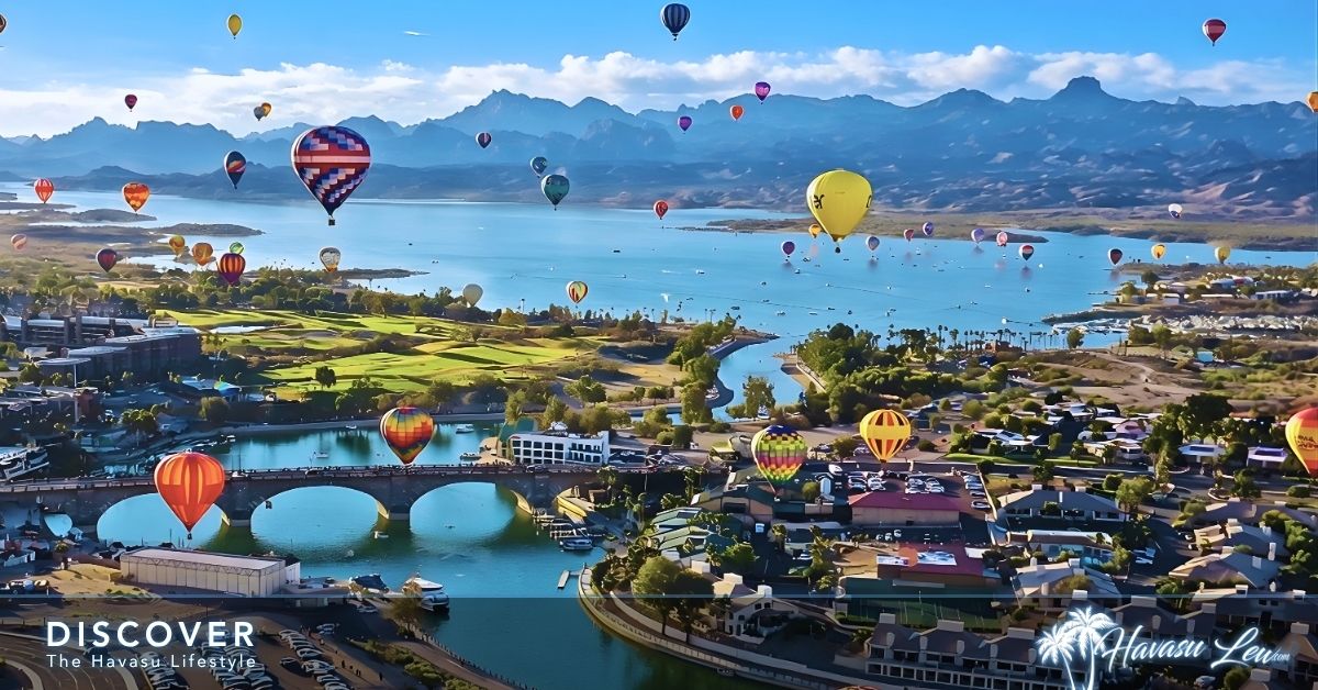 Lake Havasu Balloon Festival aerial view of hot air balloons over the lake
