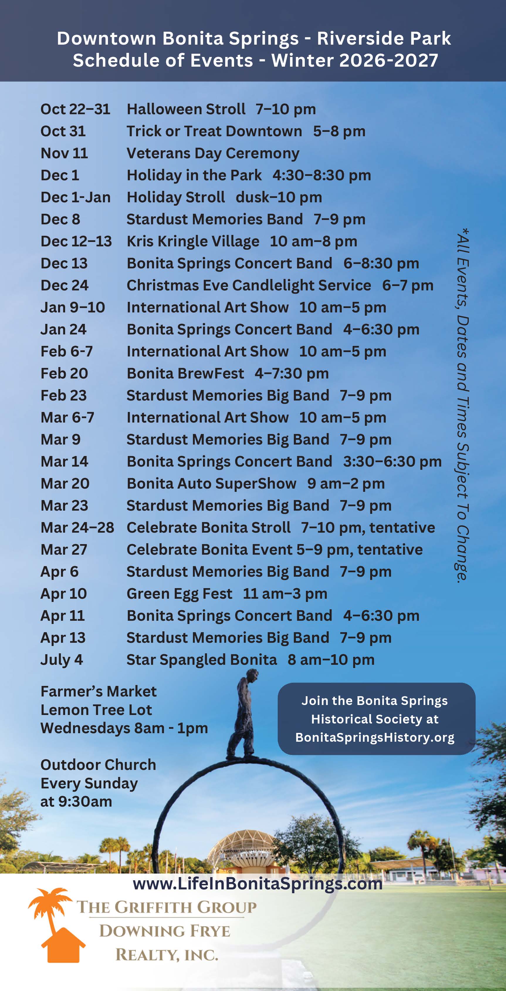 Downtown Bonita Springs Riverside Park Calendar of Events 2026 to 2027