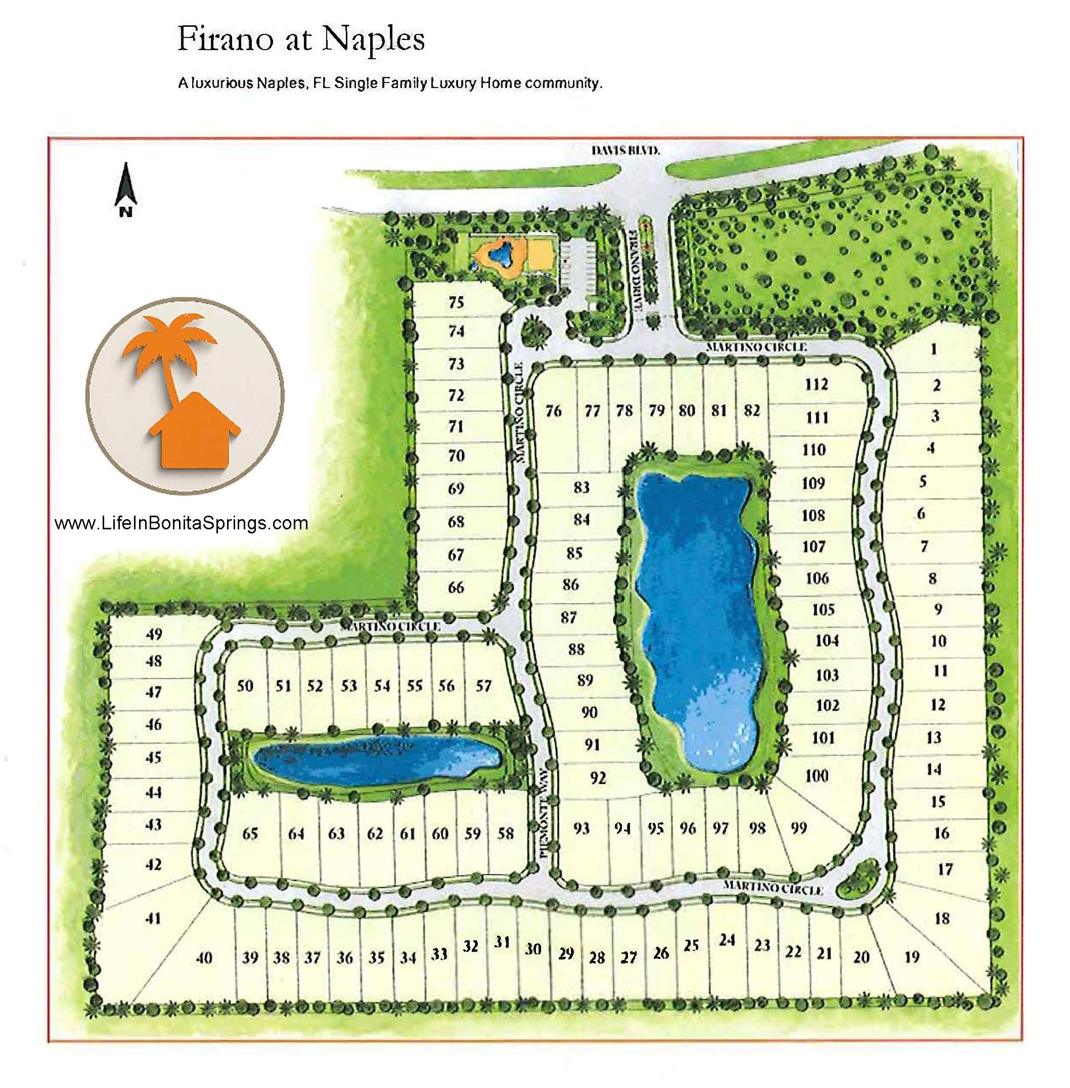 Firano at Naples site development plan showing the layout of the 112 single-family homes, streets, and clubhouse in Naples, Florida