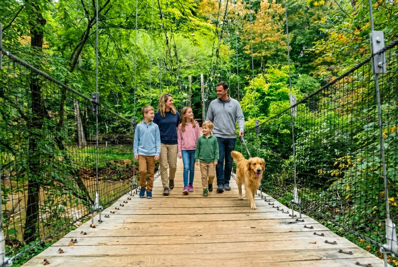 Family walking on a bridge at Anne Springs Close Greenway