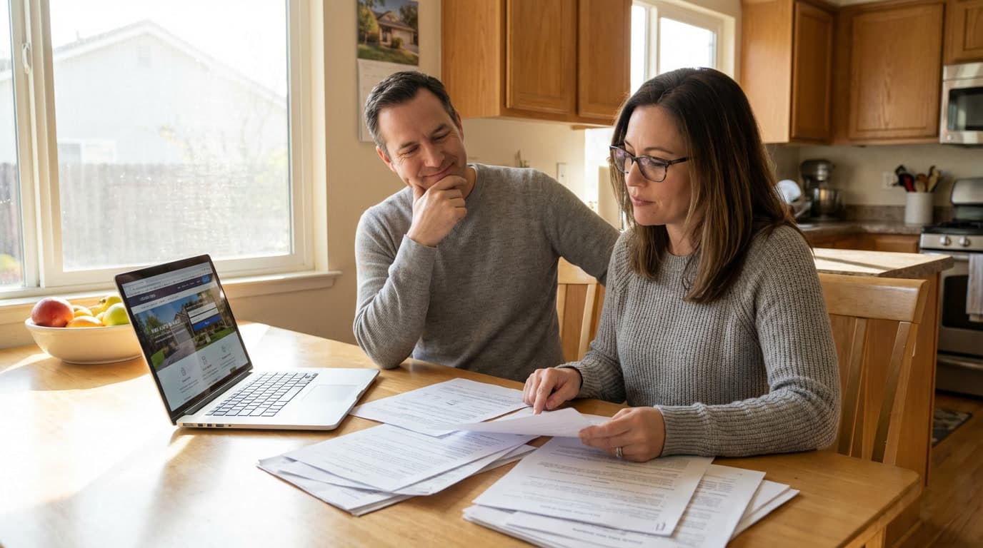 Couple reviewing home sale paperwork at kitchen table in Roseville California